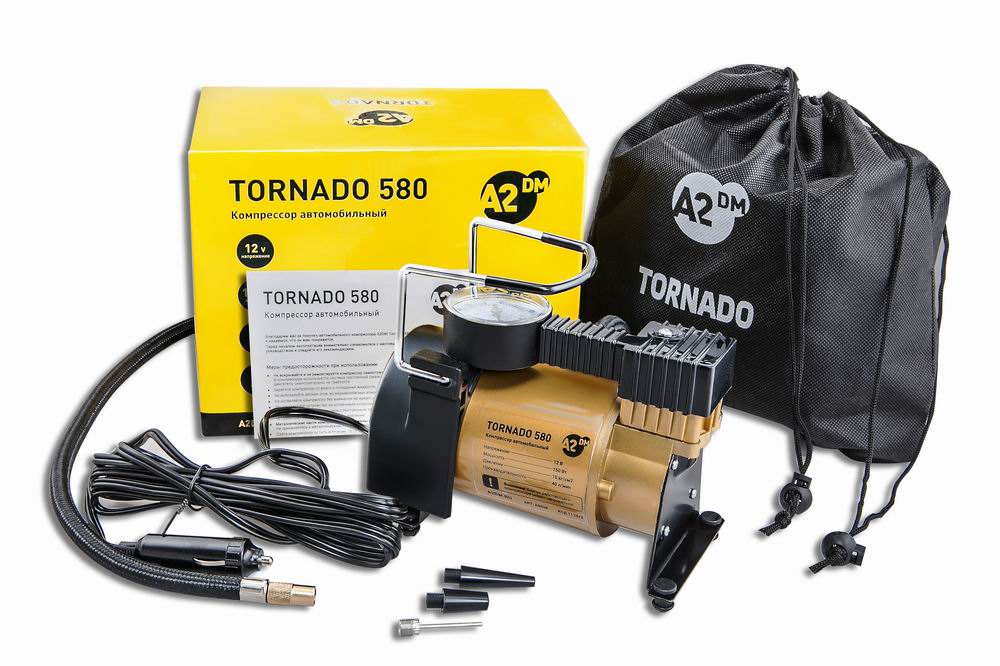 Компрессор A2DM тип 580 ТОРНАДО, 150Вт, 40л, шланг 0.95м, медная обмотка двигателя, переходники 3шт в комплекте, сумка-мешок